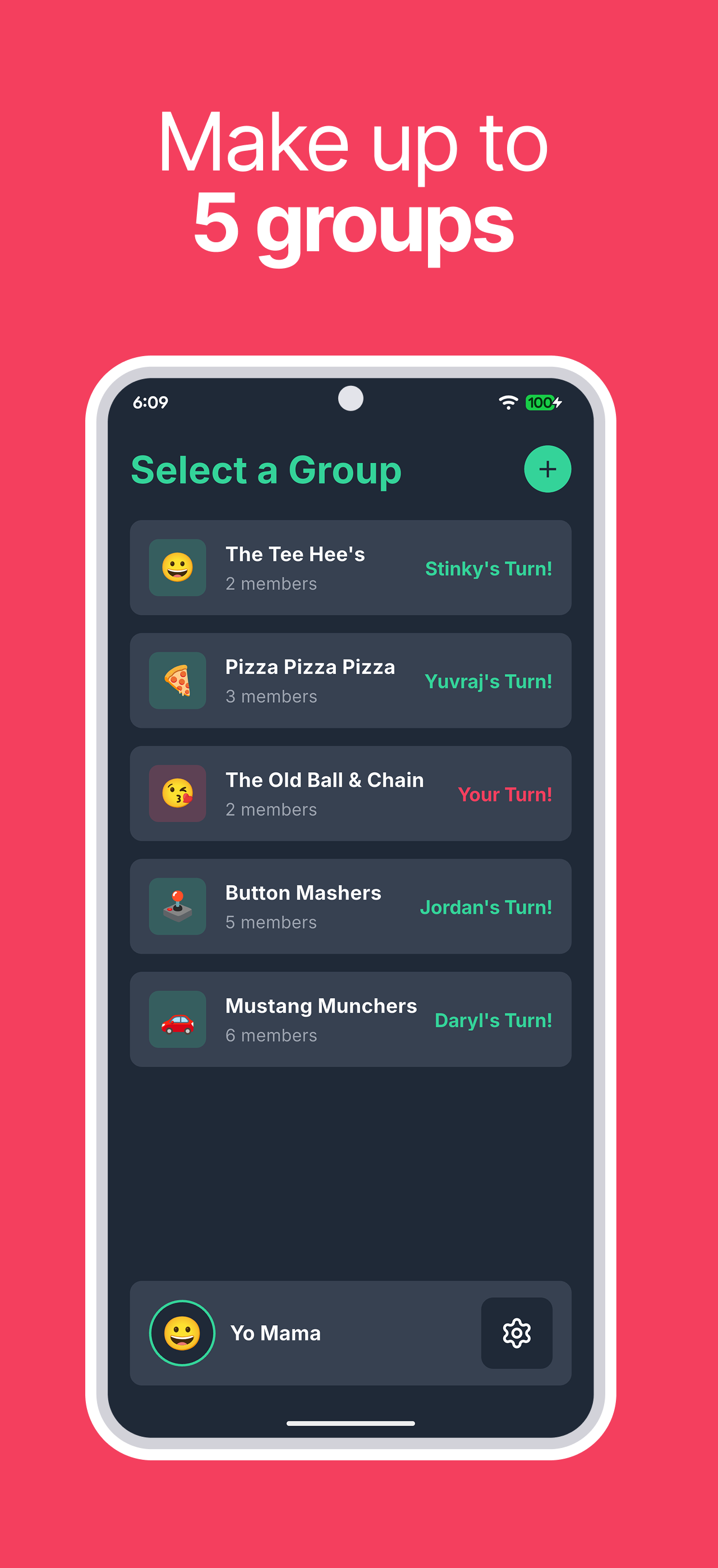 UrTurn app screenshot showing group overview